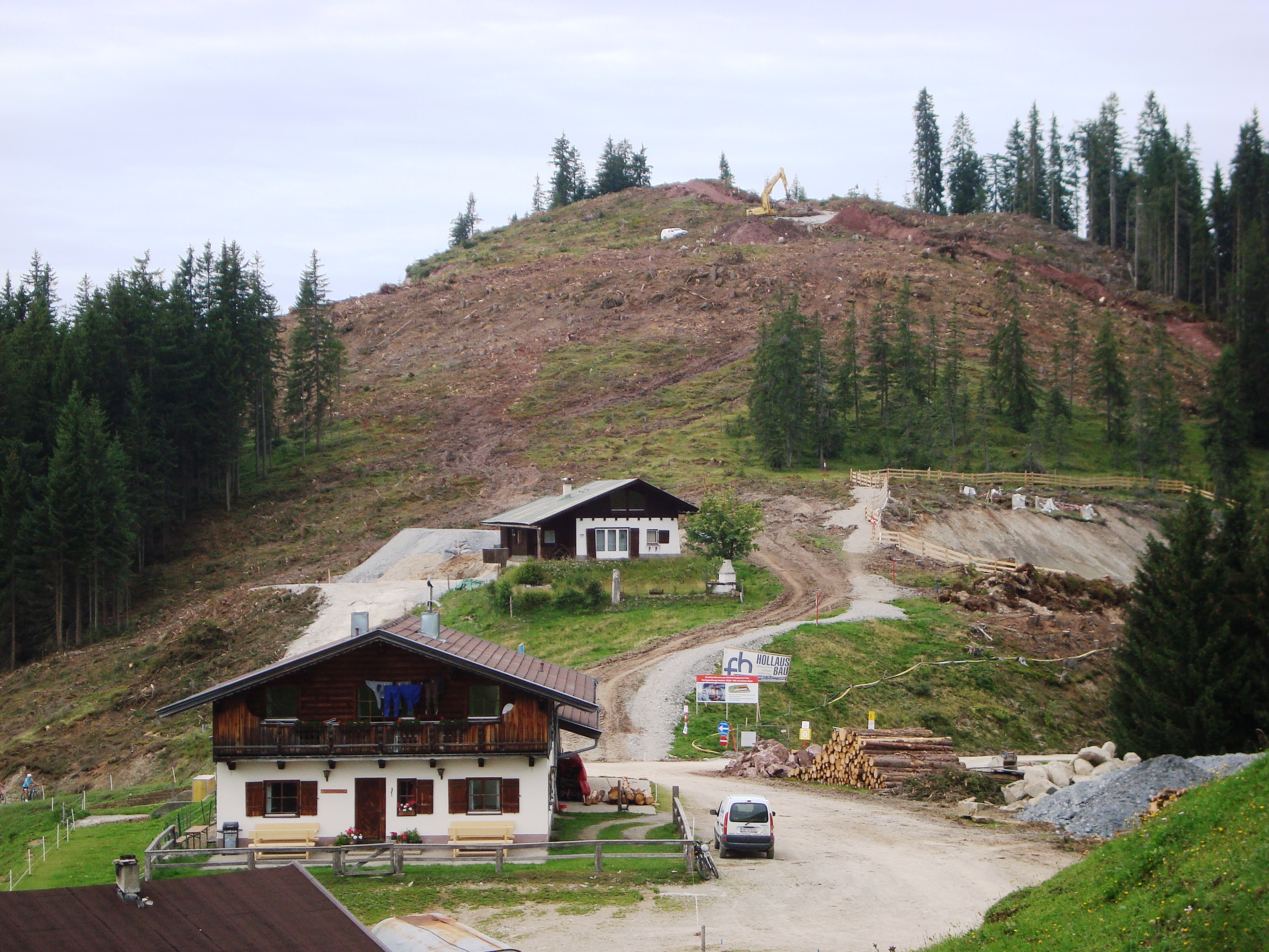 Piste von der kleinen Salve. Diese wird so gemacht daß möglichst alle Skifahrer links an den Almen vorbei nach Hopfgarten fahren müssen. Man beachte rechts die stehengelassene Baumzeile und die Hangstützung vom Technikzentrum.